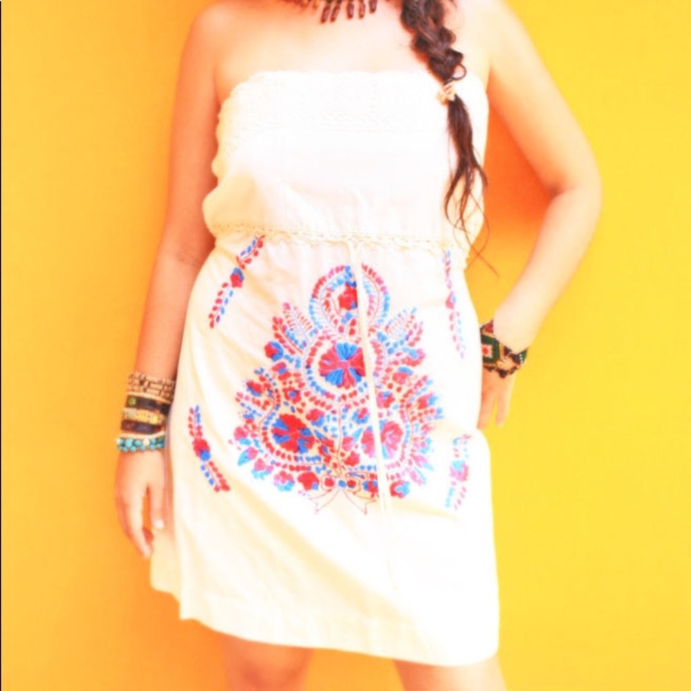 Strapless White Dress with Colorful Embroidery